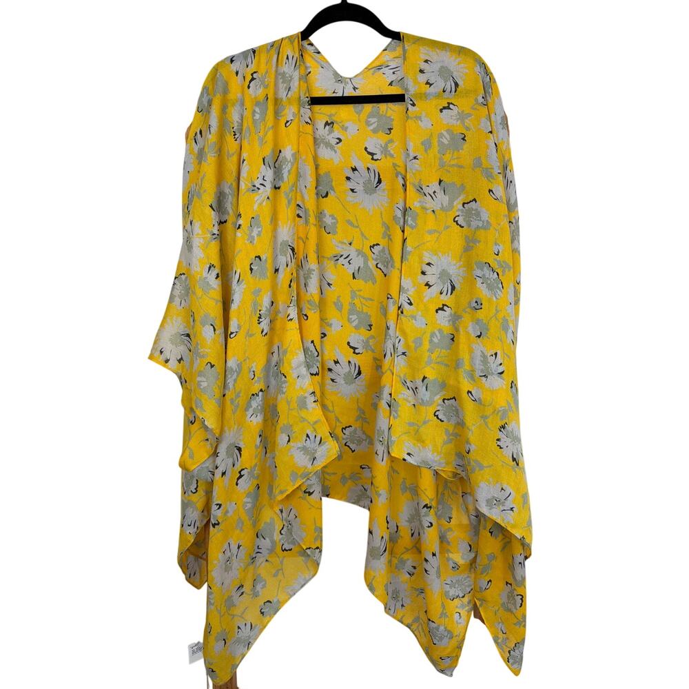NWT Eddie Bauer Yellow Multicolored Floral High Low Open Kimono One Size